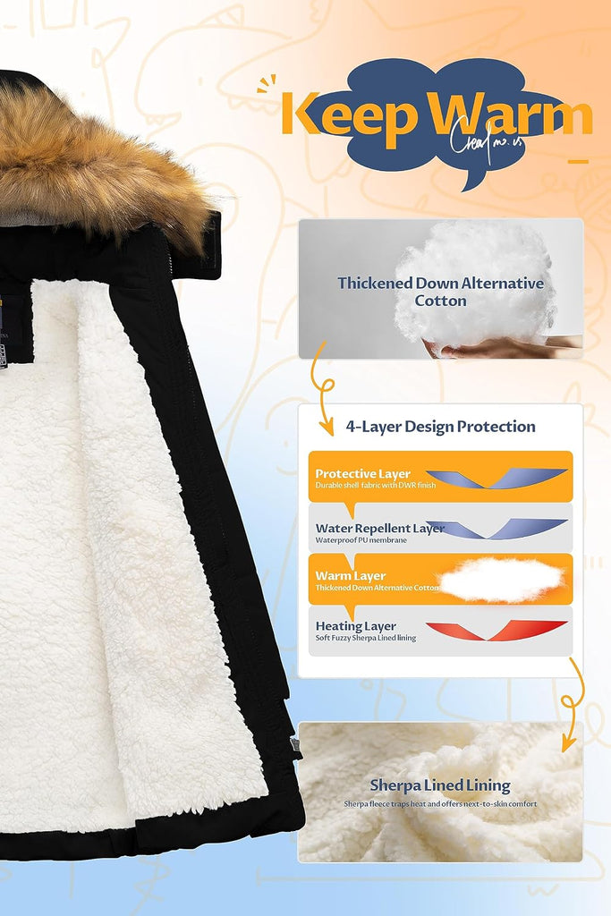 Boy's Sherpa Long Parka Winter Coat Thicken Water Repellent Puffer Jacket With Removable Faux Fur Hood