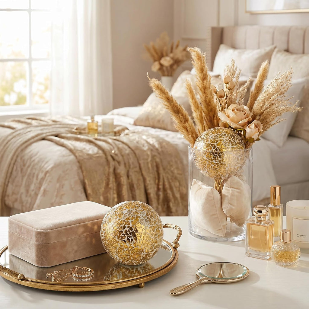 Inch Gold Mosaic Glass Orbs, Decorative Balls Mosaic Spheres for Vase Fillers, Dinning & Coffee Table - Set of 3