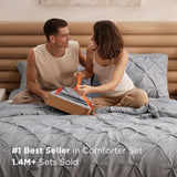 King Comforter Set - Bedding Sets King 7 Pieces, Pintuck Bed in a Bag Grey Bed Set with Comforter, Sheets