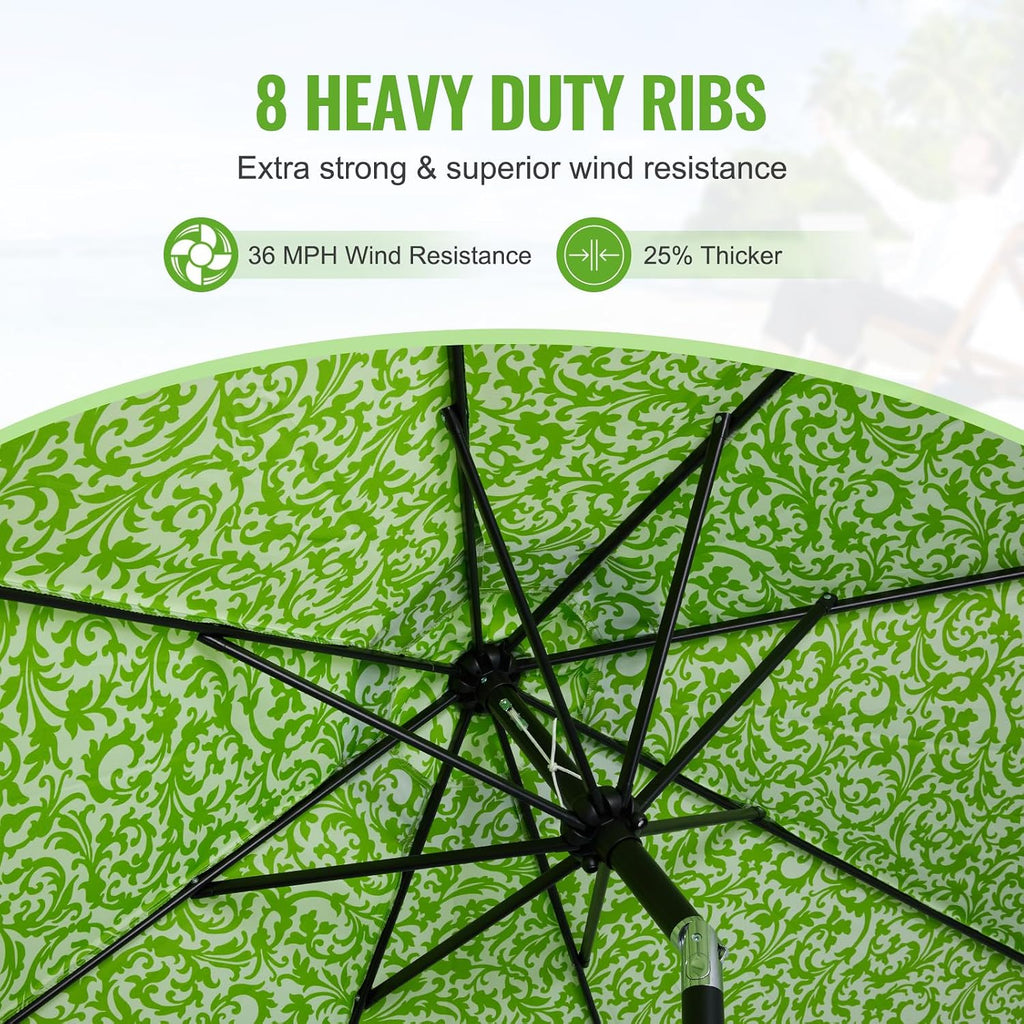 9 ft. Patio Umbrella, Market Table Umbrella w/Tilt and Crank, 8 Ribs - Light Green/floral