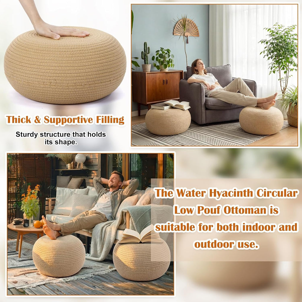 2 Pcs Round Cotton Knitted Low Pouf Ottoman | Braided Floor Seating Cushion, 16" x 16" x 8" Natural Foot Rest Stool