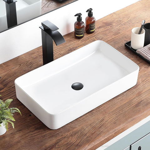 Bathroom Vessel Sink 24"x14" Rectangular White Porcelain Ceramic Bathroom Sink Modern Above Counter Art Basin