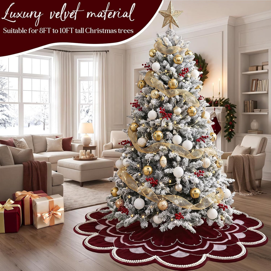 72 Inch Burgundy Velvet Christmas Tree Skirt, Luxury Sequin & Pearl Trim
