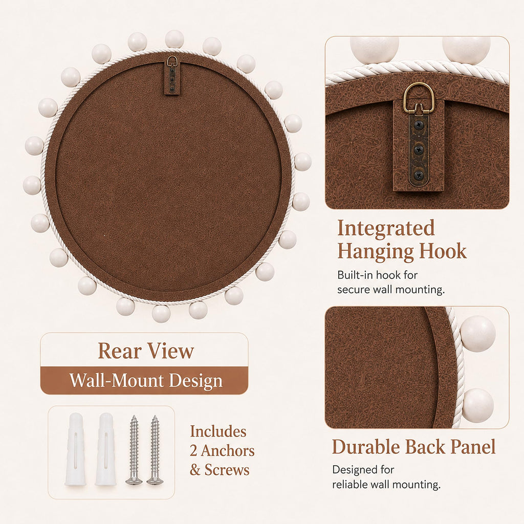 30" Round Rope Wall Mirror with 2 in Whitewashed Wood Beads