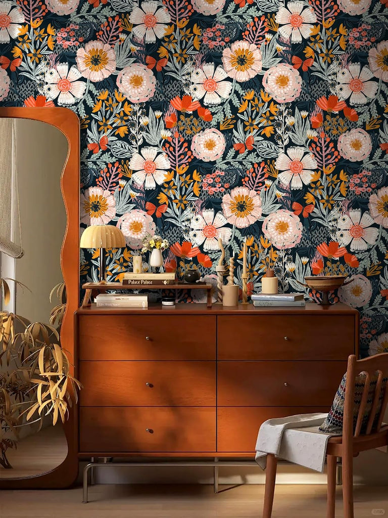 Navy Floral Peel and Stick Wallpaper Boho Mural 17.3in x 32.8ft | Vintage Textured Wall Paper Renter Friendly