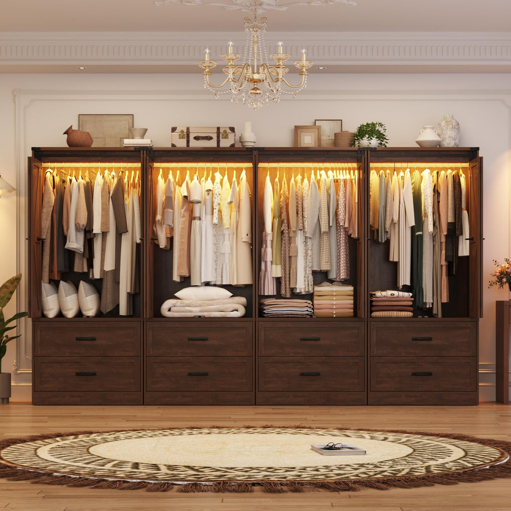 Farmhouse Wardrobe Armoire Closet with 4 Doors and 4 Drawers, Brown