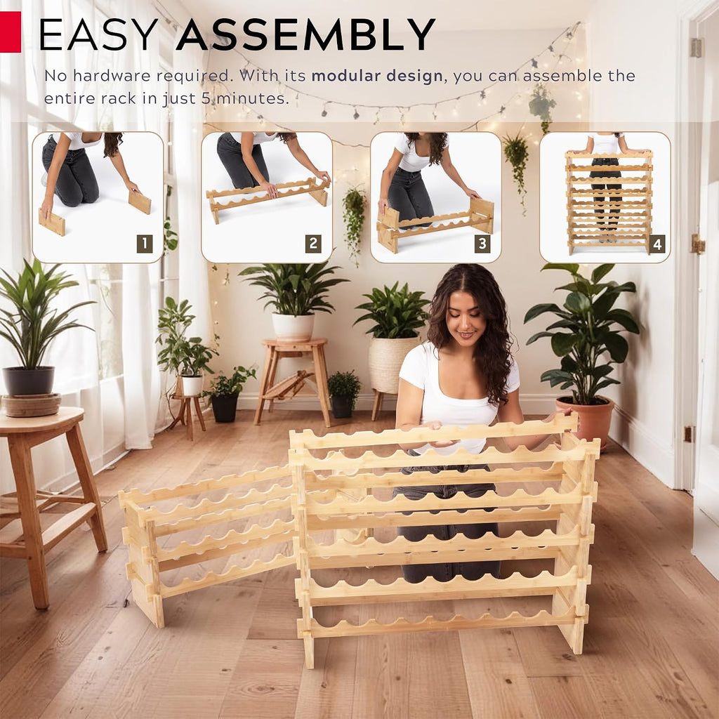 72 Bottle Stackable Modular Wine Rack Wine Storage Rack Solid Bamboo Wine Holder Display Shelves, Wobble-Free