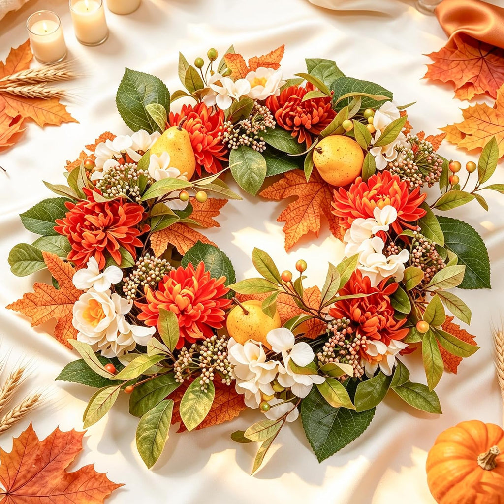 26" Fall Wreath for Front Door, Artificial Large Harvest Fall Wreath | with Pear, Orange Maple Leaf, Dahlia and White
