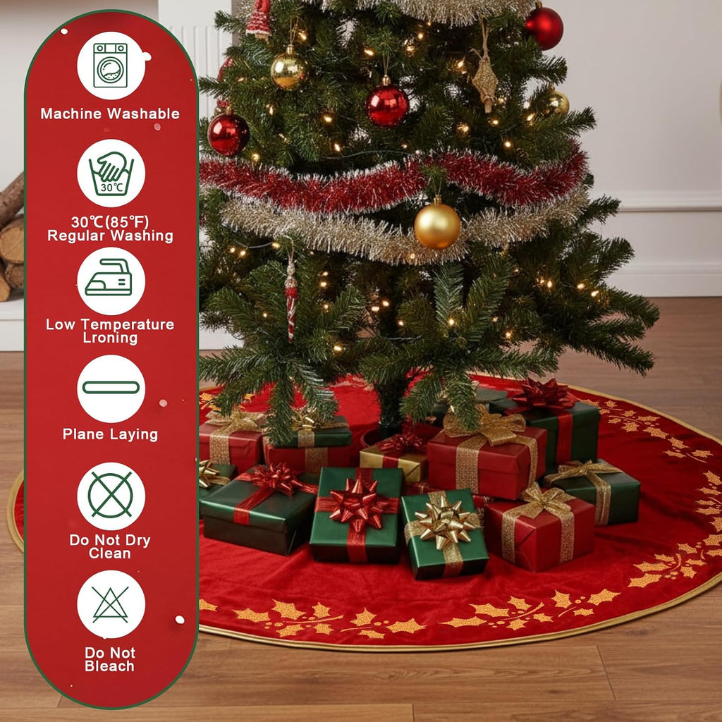 60 Inch Large Christmas Tree Skirt Classic Red Luxury Velvet Fur Skirts with Gold Embroidered Holly Leaf for Rustic