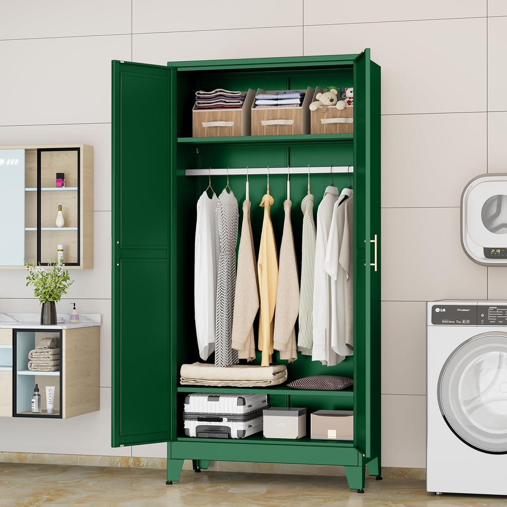 Metal Wardrobe Cabinet with Hanging Rod, Clothing Storage Cabinets | with 2 Doors and Adjustable Shelves, 71" Metal