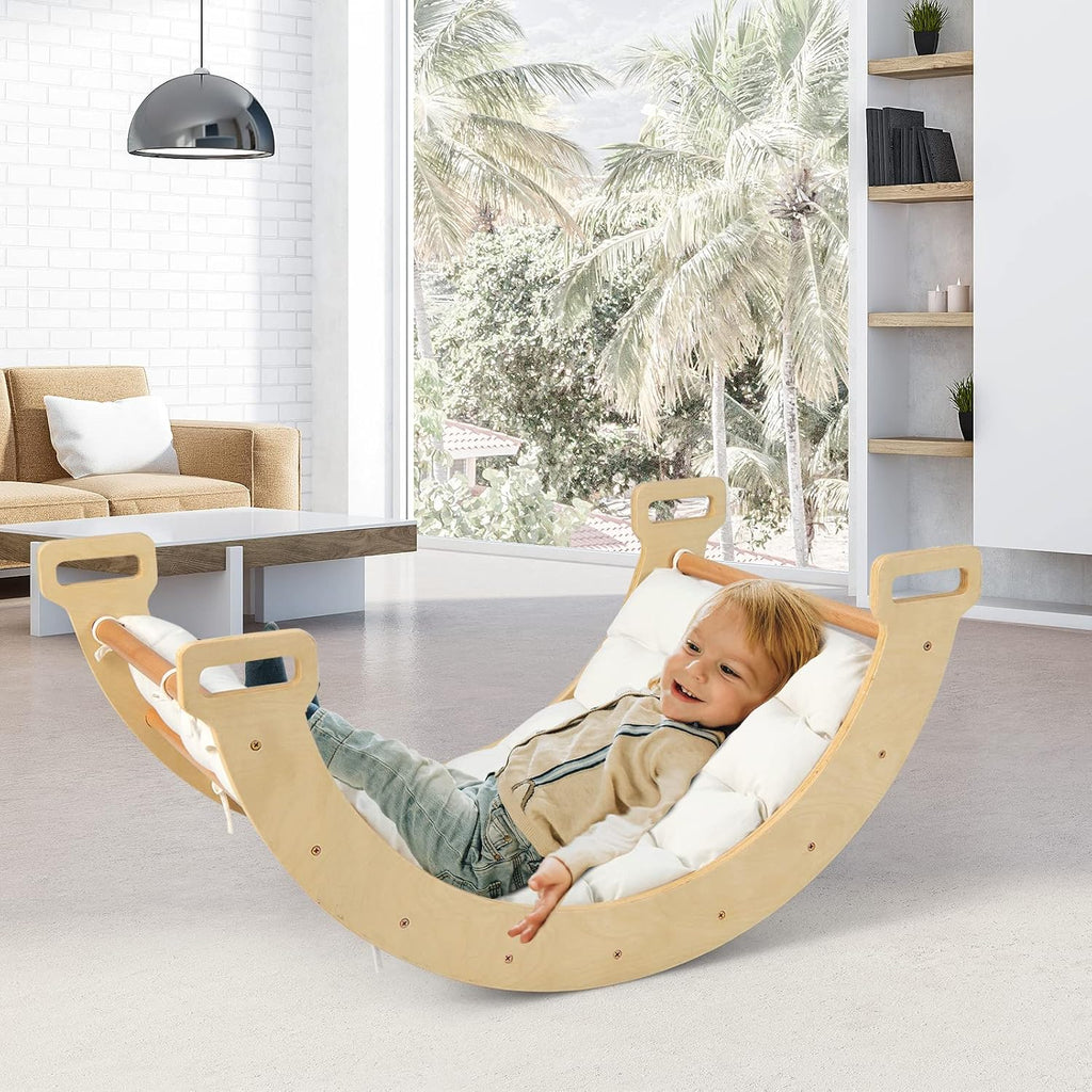 Wooden Arch Climber Rocker with Soft Cushion, 4 in 1 Montessori Climbing Ladder Toys for Toddlers, Waldorf Indoor