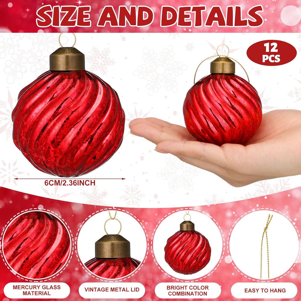 12 Pcs Burgundy Christmas Mercury Glass Ornaments 2.36" Vintage Hanging Christmas Balls Ornaments Finials Grooved