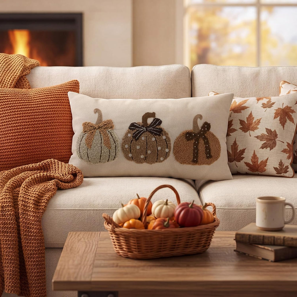 Fall Pumpkin Pillow Covers 12x20 Rustic Boho Brown Beige Lumbar Case