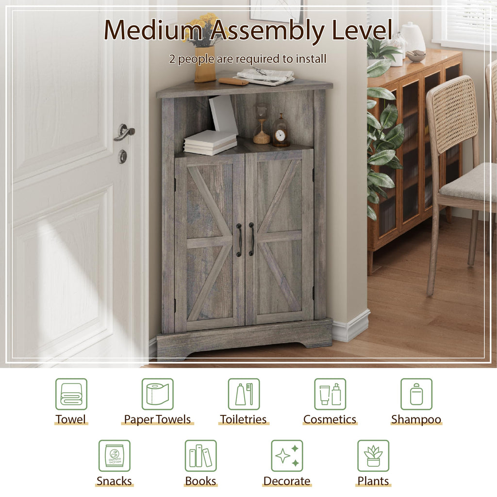 Bathroom Corner Storage Cabinet, Farmhouse Floor Corner Cabinet with Barn Door and Adjustable Shelf, Wash Grey Narrow