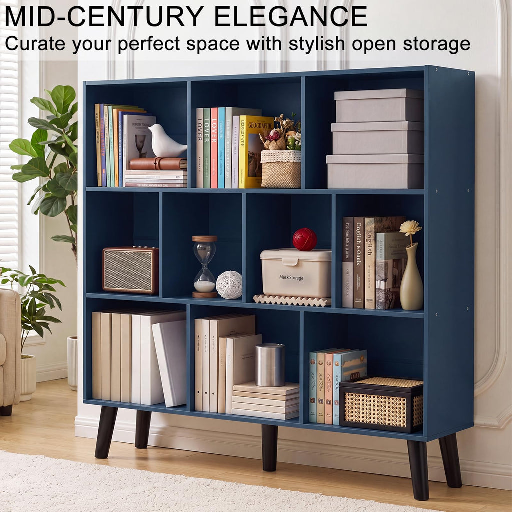 10 Cube Bookshelf, 3 Tier Bookcase with Legs, Dark Blue Mid-Century Modern Bookshelves, Large Free Standing Open Storage