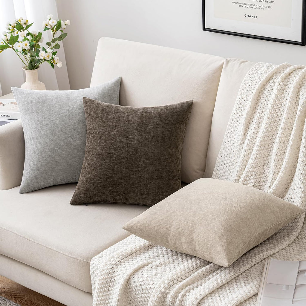 Pack of 2 Beige Decorative Pillow Covers 18x18 Inch Soft Chenille Couch Throw Pillows Farmhouse Cushion Covers
