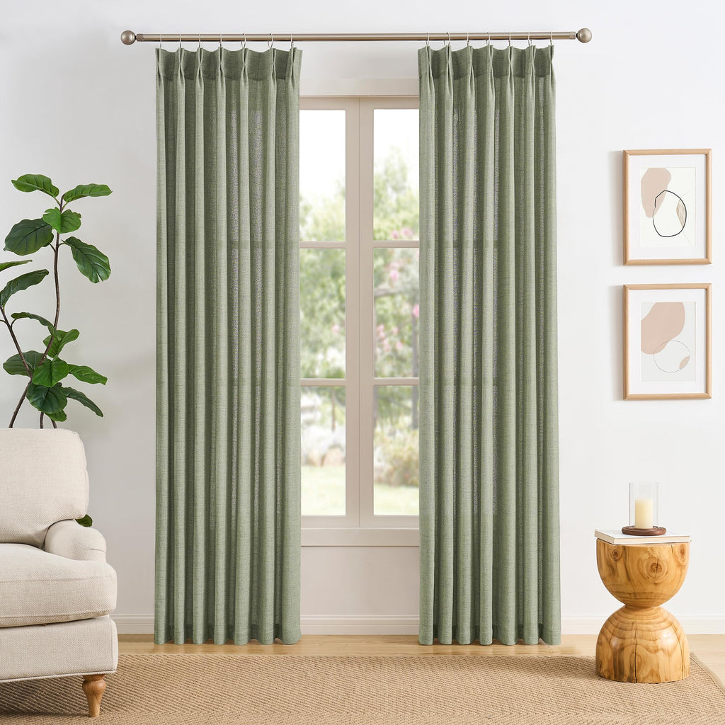 102 Inch Long Curtains Pinch Pleat, Back Tab Sheer Pleated Curtains Dining Room, 102 Length 2 Panel Set, Sage Green
