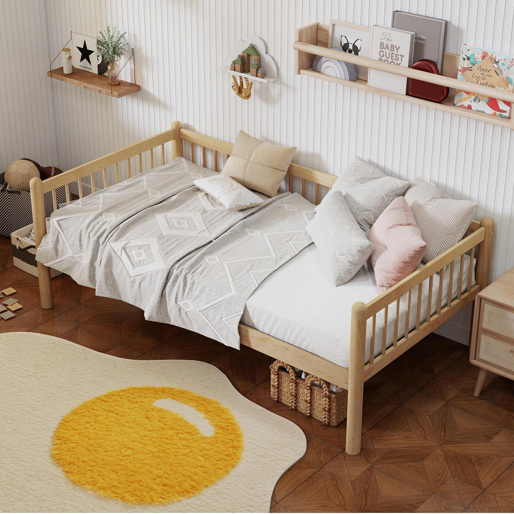 Twin Daybed with 3-Side Guardrails and Wood Frame, Natural