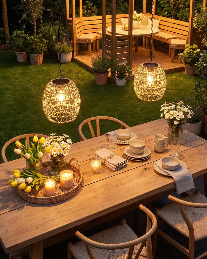 Hanging Solar Lanterns Outdoor Waterproof, Rattan Wicker Hanging Chandelier
