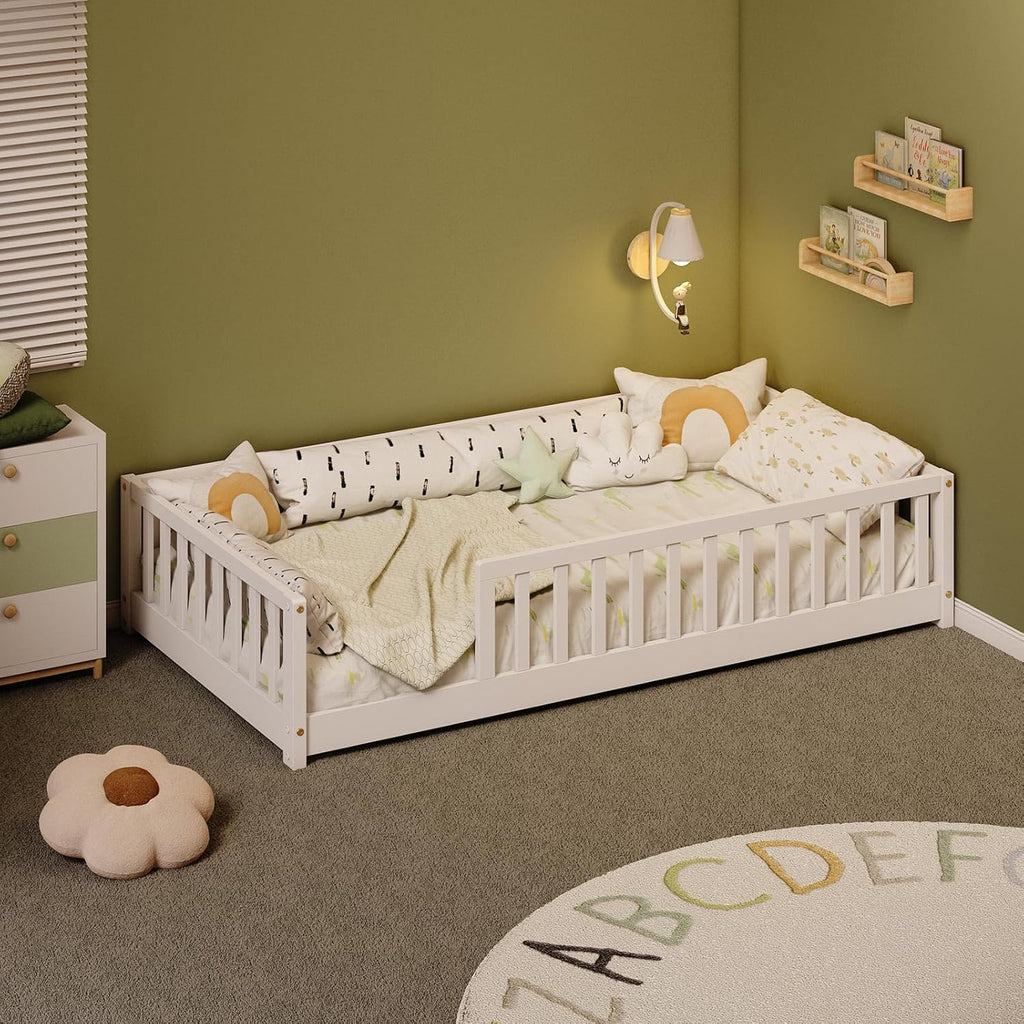 Twin Montessori Floor Bed with Rails | Solid Wood White Floor Bed Frame for Kids, Montessori Bed with Slats, No Box