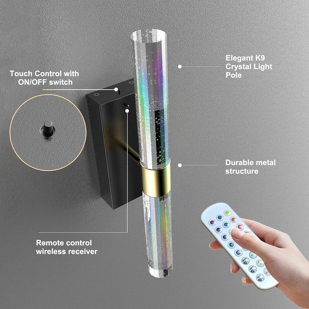 Crystal Battery Operated Wall Sconce, Black and Gold Rechargeable Wireless Wall Light Fixtures with Remote Control