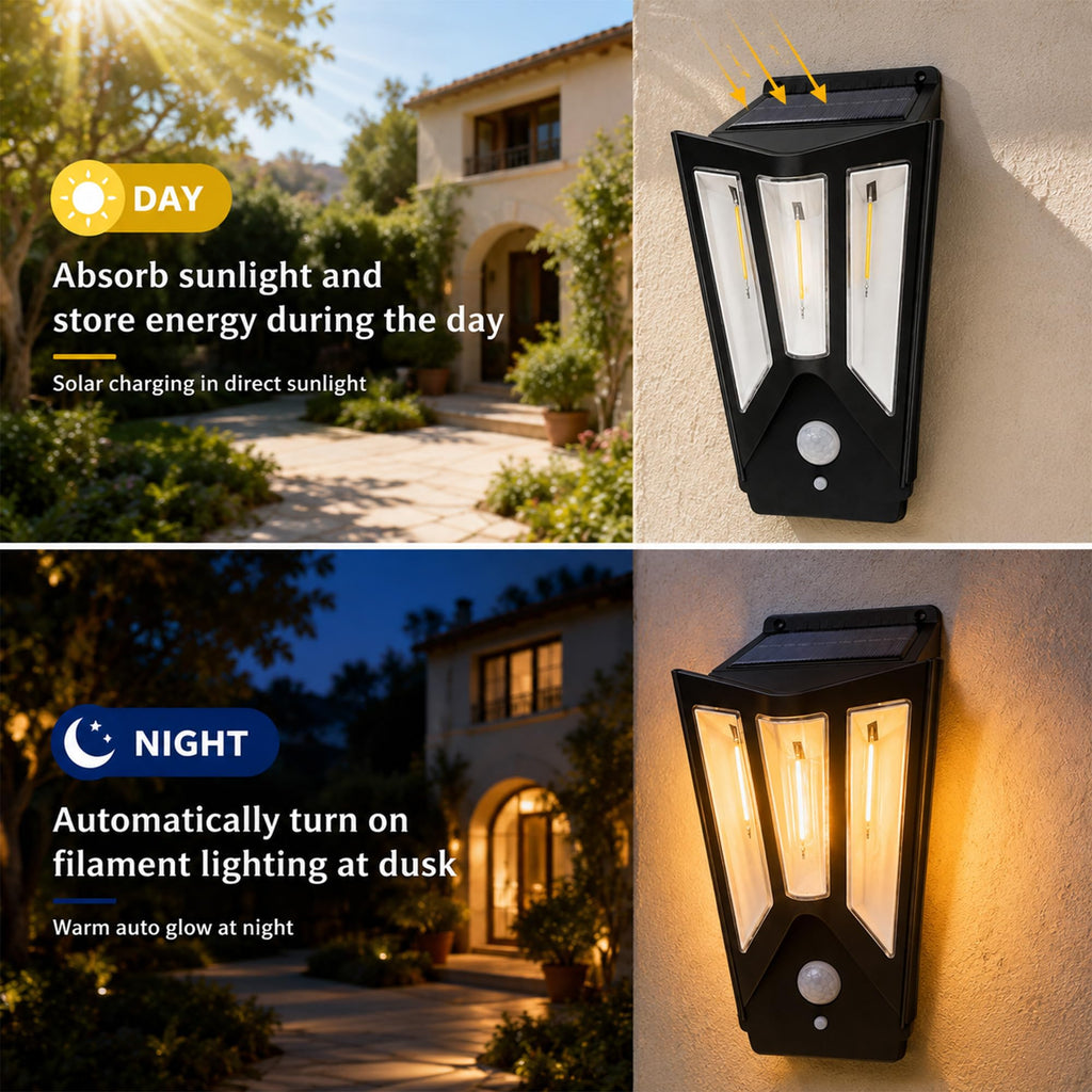 Solar Wall Lights Outdoor, Motion Sensor Dusk to Dawn Filament Wall Light
