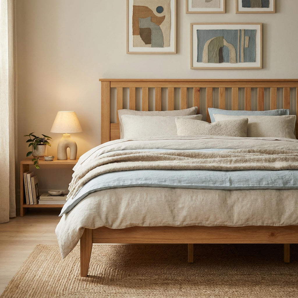 Wood Platform Bed - Pine, King, Bed & Mission-Style Headboard