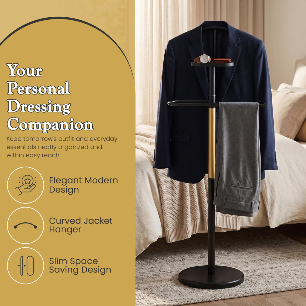 Luca Valet Stand - Metal Freestanding Suit Rack and Clothes Organizer with Clothing Bar, Trouser/Tie Holder &