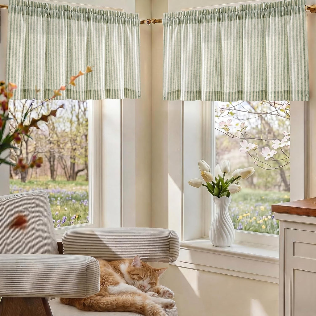 Valance Curtain Linen Textured Striped Window Curtain for Living Room Light Filtering Farmhouse Valance for Kitchen