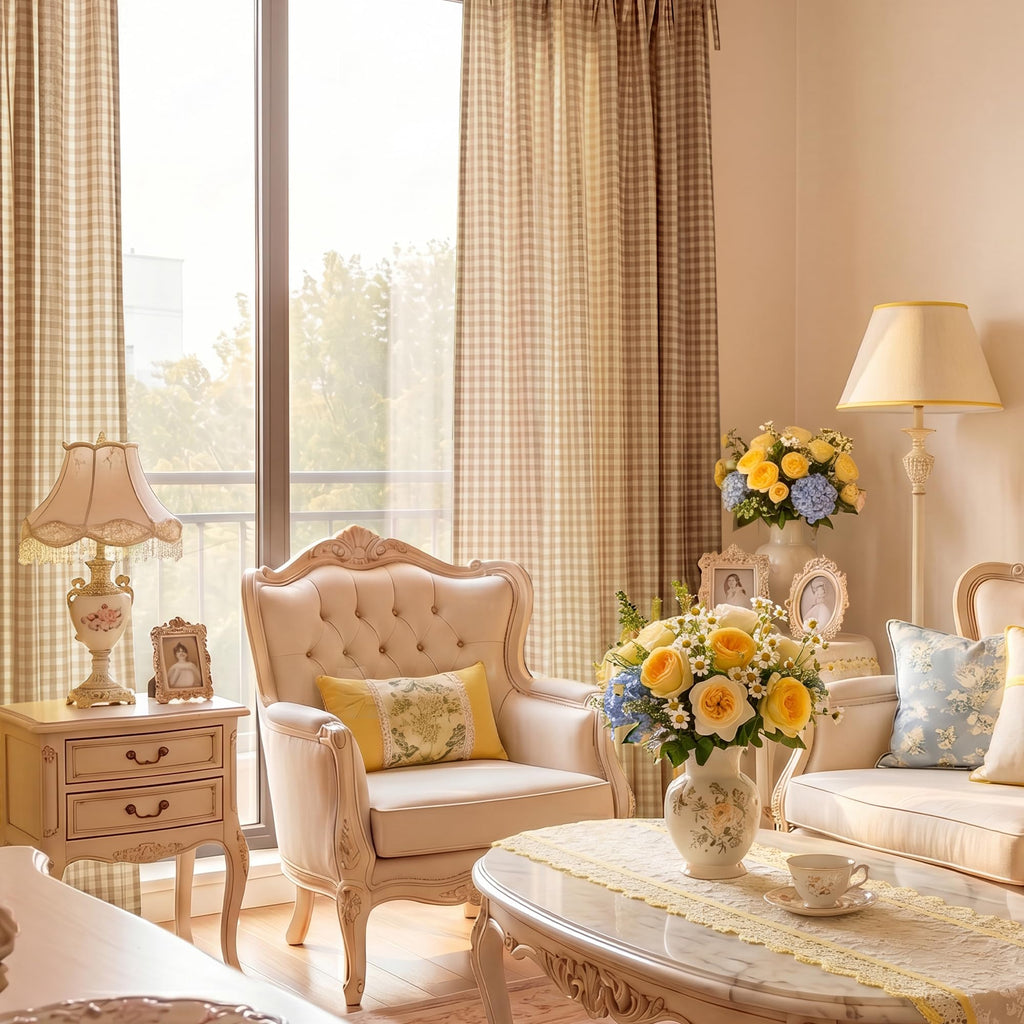 Linen Blend Taupe Gingham Curtains, Tie Top Bow Knot Home Decor Checkered Drapes Farmhouse Semi Sheer Plaid Window