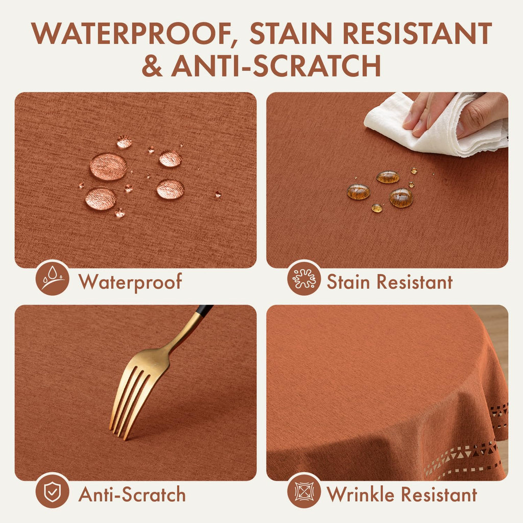 60 Inch Round Fall Tablecloth with Decorative Cutouts Burnt Orange