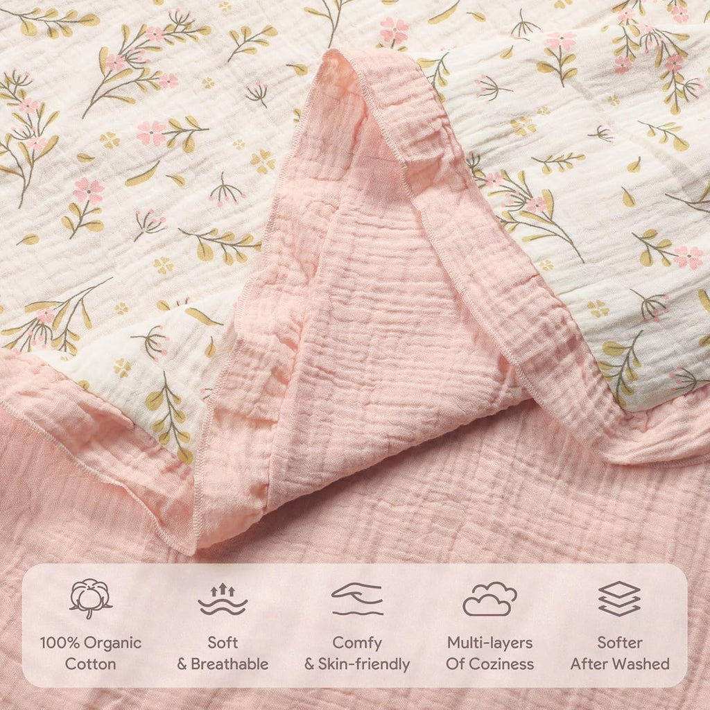 Organic Baby Blanket Flounce Edge Large 50"x43" Floral, 100% Muslin Cotton Super Soft Breathable Toddler Quilt Crib