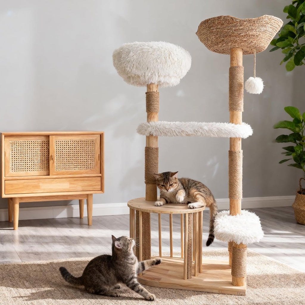 Modern Cat Tree Tower for Indoor Cats, 51" Tall Natural Solid Wooden Cat Tower with Sisal Scratching Post, Luxury Cat