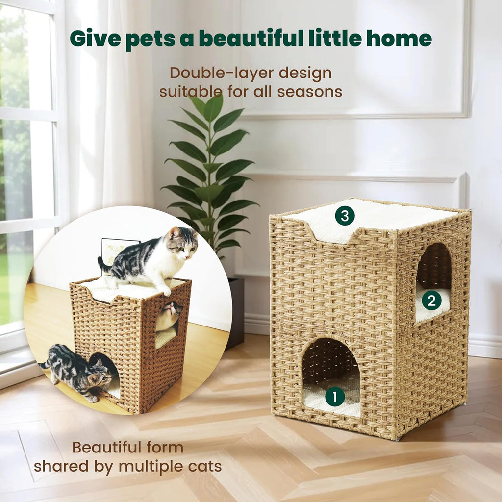 Safety Triple-Layer Cat House for Indoor Cats - Hand-Woven Rattan Cat Cave with 2 Hideaways & 3 Soft Pads - Foldable