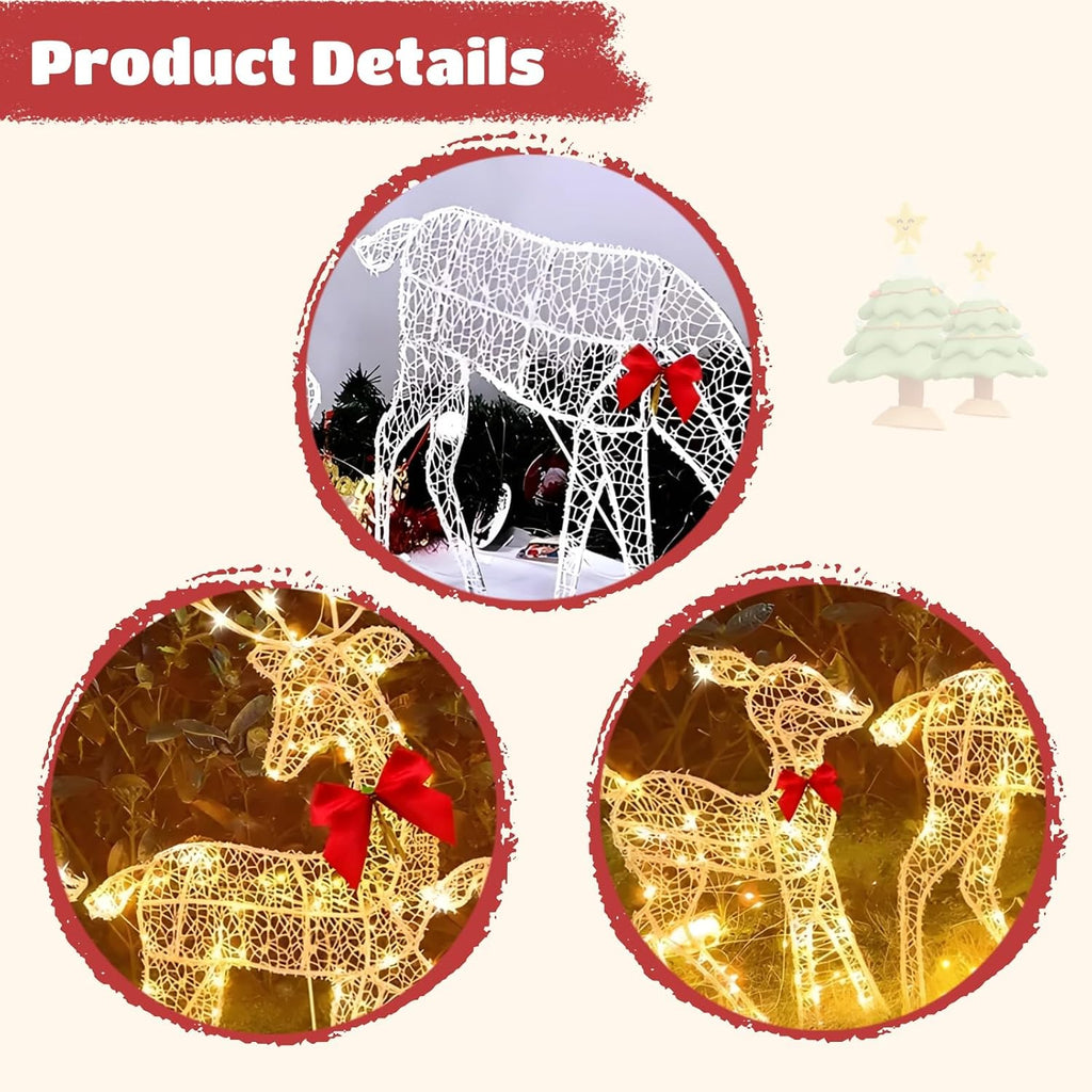 Set of 3 Lighted Christmas Reindeer Family, LED White Metal Deer Yard Decorations with Red Bows, Battery Operated 2D