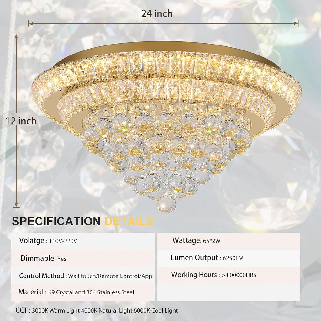 24 inch Crystal Chandeliers With Remote and APP Control, Modern Luxury Flush Mount Gold Chandelier, 3CCT Dimmable