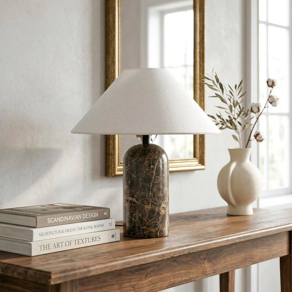 LED Table Lamp - 14” Modern Stone Table Lamp - Decorative Dimmable Desk Lamp - Brown Marble