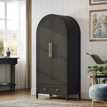 Arched Wardrobe Closet Armoire with Doors and Drawer, Bedroom Armoires Black Wardrobe Cabinet Closet, 19.7" D x 31.5"