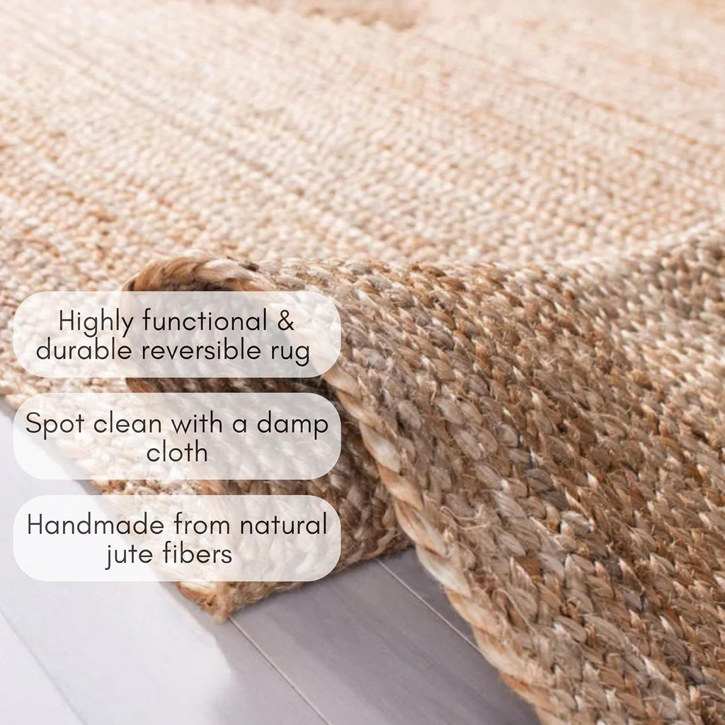 Handwoven Jute Area Rug - 9x12 Feet Natural Yarn - Rustic Vintage Beige Braided Reversible Rectangular Rugs