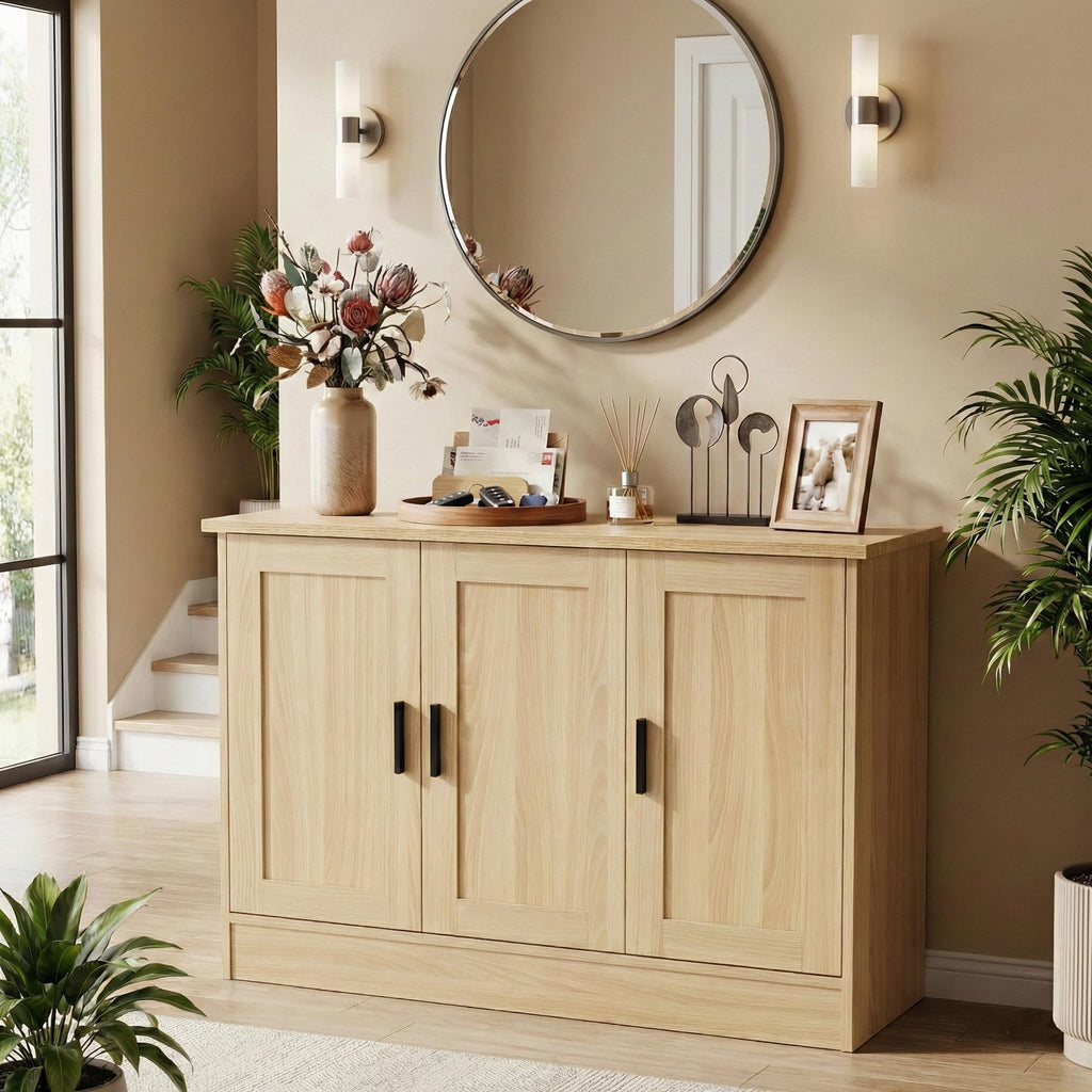 43" Oak Buffet Cabinet with Black Handles, Small Kitchen Sideboard with 3 Doors & Adjustable Shelves, Modern Entryway