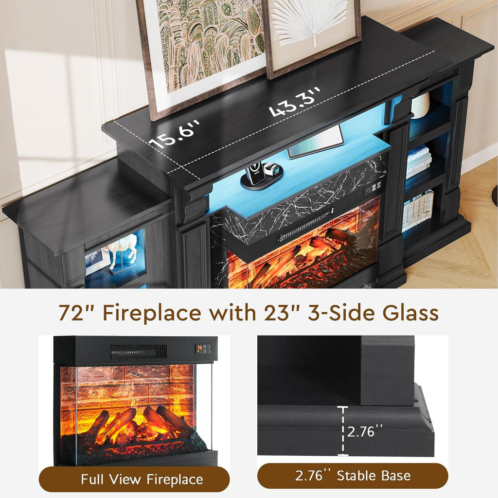 LED Electric Fireplace TV Stand with Outlet, 72'' Fireplace Mantel for TVs up to 80''