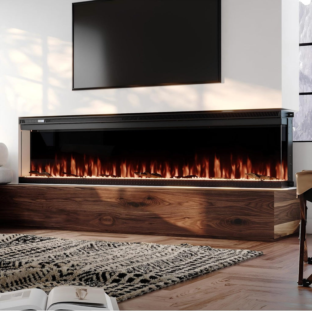 72”W 3-Sided Glass Electric Fireplace Insert, Recessed & Wall Mount Fireplace Heater with Remote, 8 H Timer