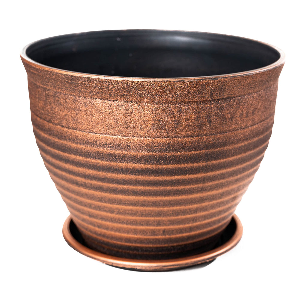 Circle Pattern 2 Pack Rustic French Country Look (2 Pots + 2 Matching Saucers) Plastic Planter for Indoor, Outdoor