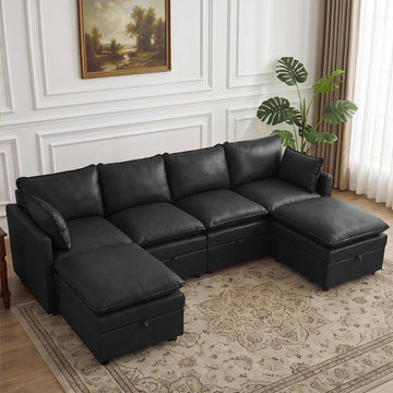105" Black Faux Leather Storage 4 Seater Sofa with 2 Ottomans, Comfy Couch