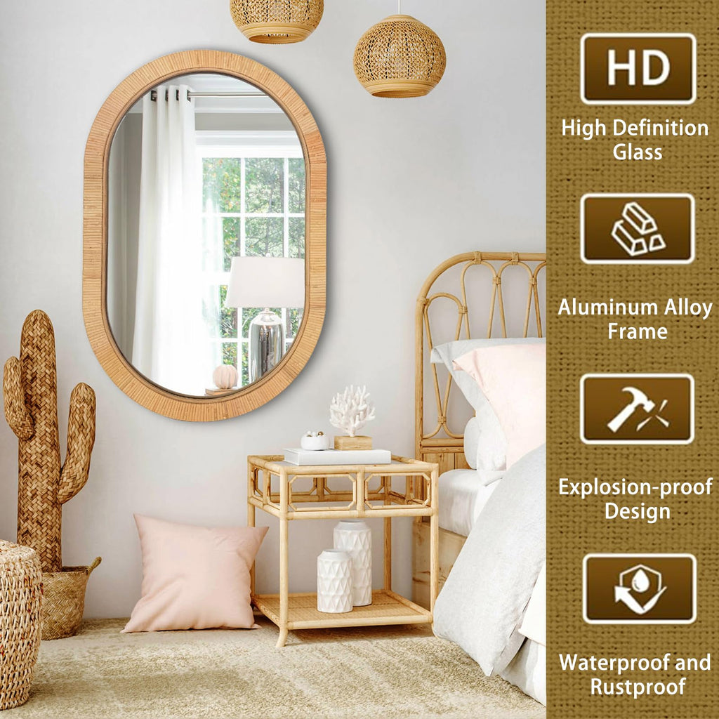 20x30 Oval Rattan Mirror for Wall, Boho Decorative Mirror Vanity, Farmhouse & Natural Home Decor