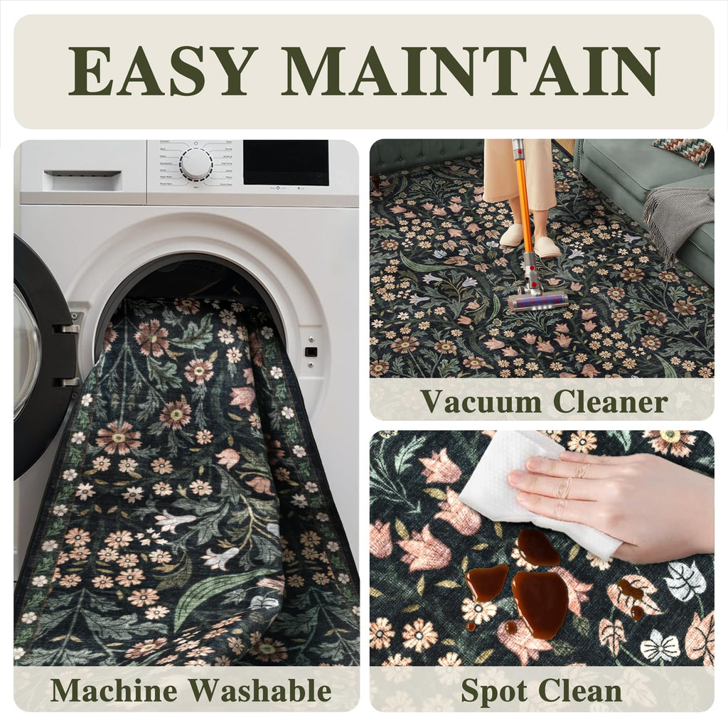Washable Runner Rug Black Boho Floral Kitchen Bedroom