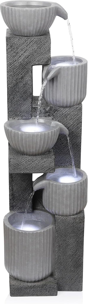 40" Tall Outdoor 5 Tiered Pot Decorative Waterfall Floor Fountain with LED Lights, Perfect for Patios, Yards
