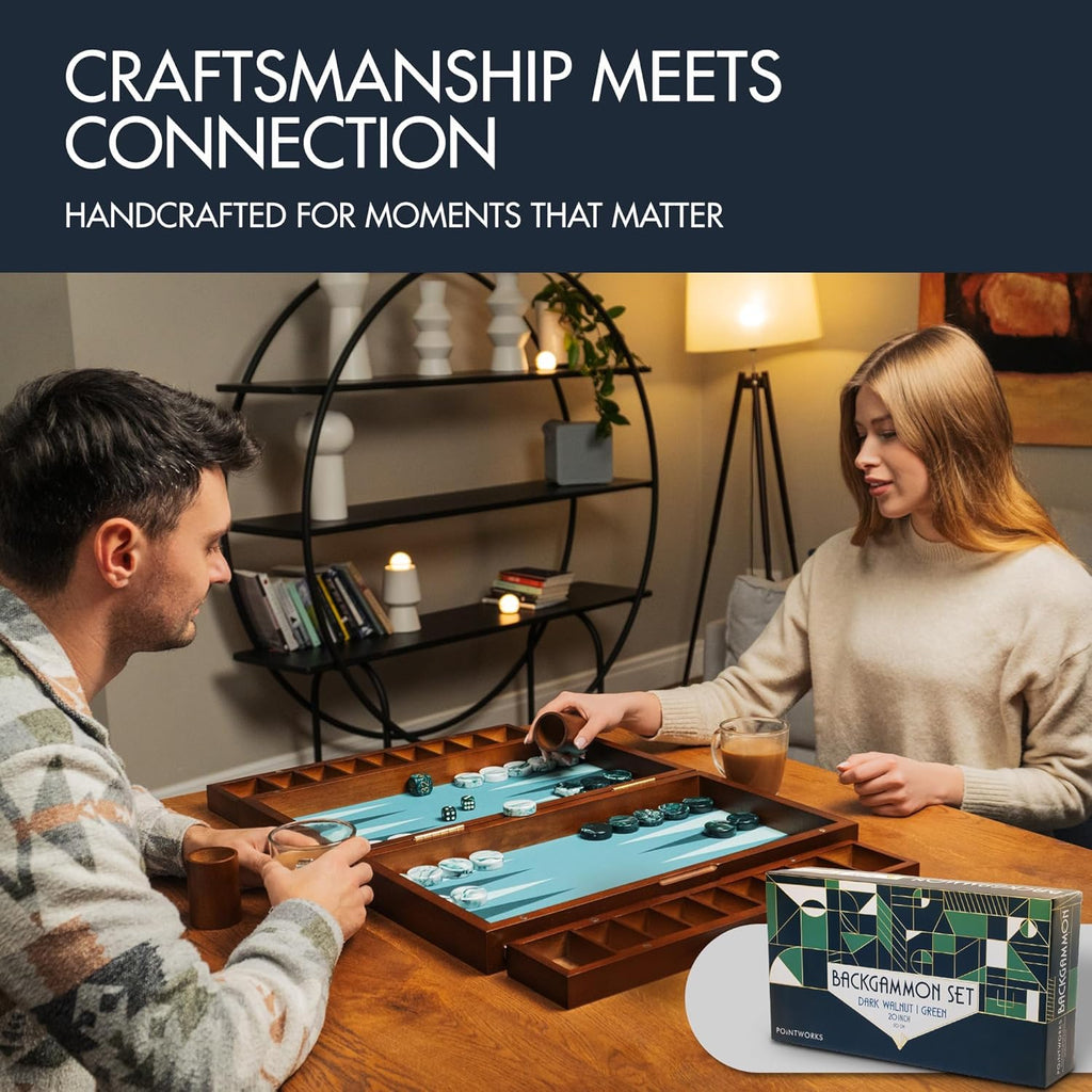 20 Inch Large Backgammon Sets for Adults, Green Backgammon Board, Solid Wood. Removable Accessory Tray, Premium 1.5