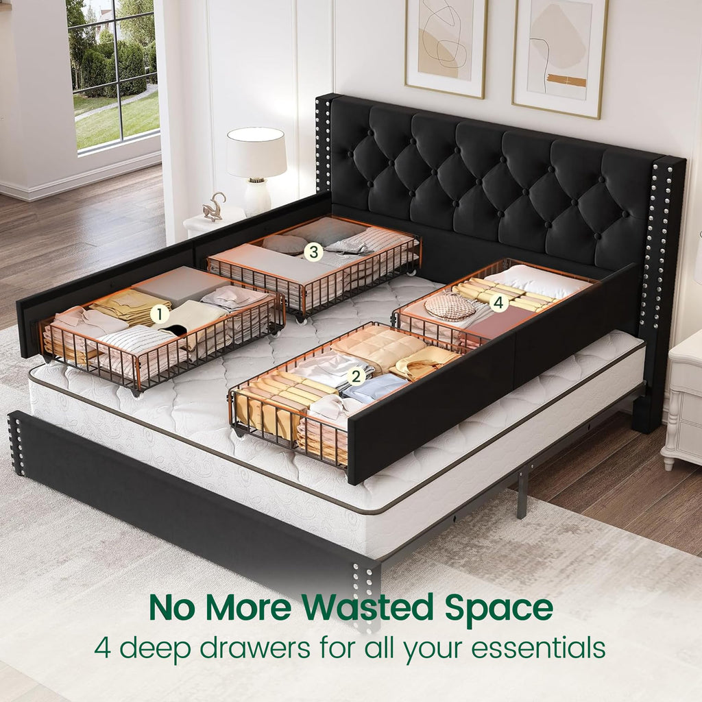 Queen Size Platform Bed Frame with 4 Storage Drawers and Tufted Headboard Upholstered Bed Frame with Heavy Duty Wood