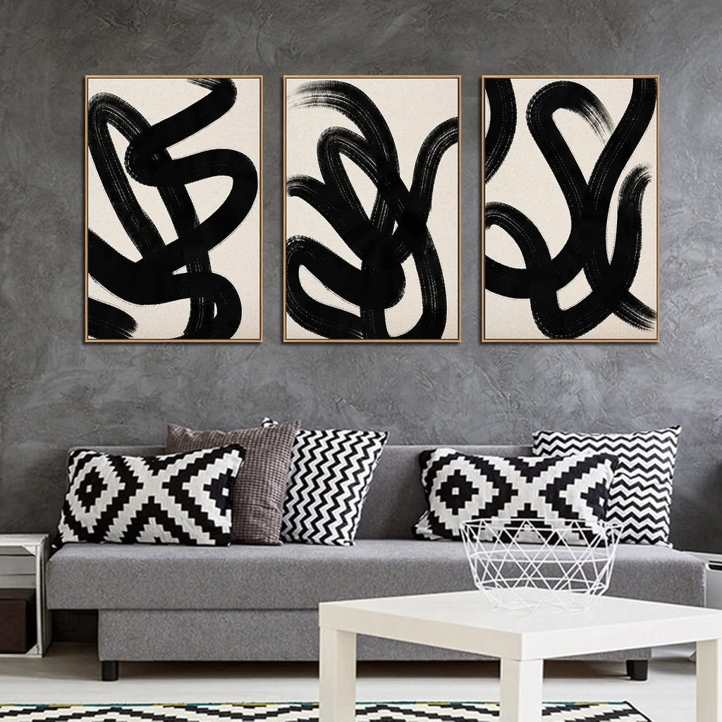 Framed Wall Art Canvas Set Abstract Lines Pictures Modern Mid Century Boho Wall Decor Minimalist Abstract Black